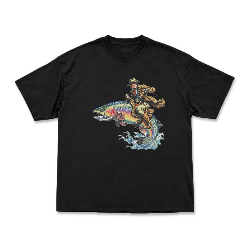 Western Fish Rider Statement Print T-Shirt - Black - US16-18(2XL) - image 1