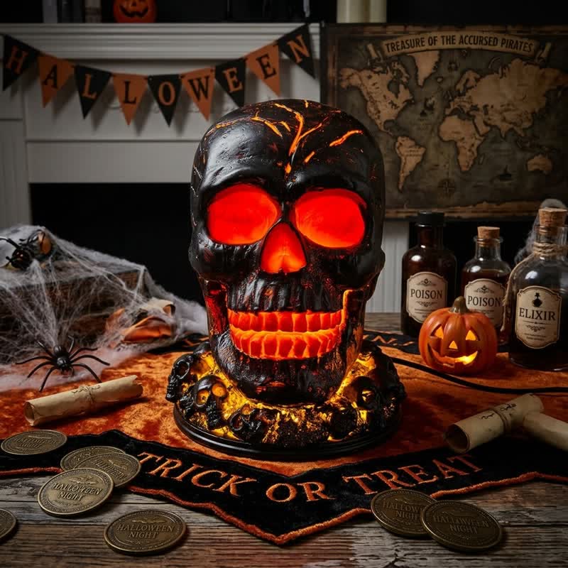 Skull Flame Table Lamp, Molten Rock Skull Light, Haunting LED Desk Lamp, Halloween Gothic Decor, Unique Room Accent, Mystical Atmosphere, Luminous Flame Effect, Led Decoration Lamp, Decorative Atmosphere Light - image 1