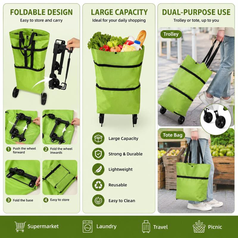 Foldable Shopping Trolley Bag with Wheels, Portable Reusable Grocery Tote - image 2