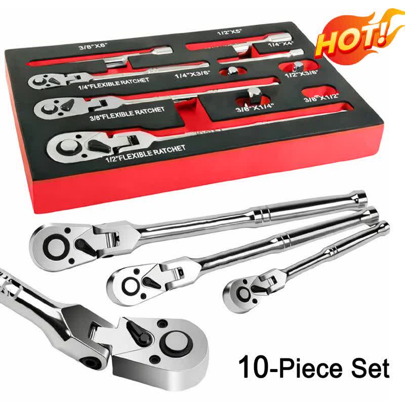 10 Piece Flex Head Ratchet Set, 1/4", 3/8" and 1/2" Drive Swivel Head Ratchet Wrench with Extension Bar and 4pc Adapter, 72-Tooth Flexible Wrench Handle with Quick-Release Reversible Design - 10-Piece Set (HOT SALE 🔥) - image 3