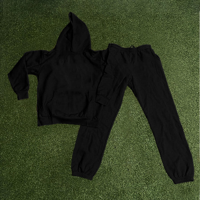 100% Cotton Solid Color Casual Hoodie And Sweatpants Two-piece Set - Black - 2XL - image 4