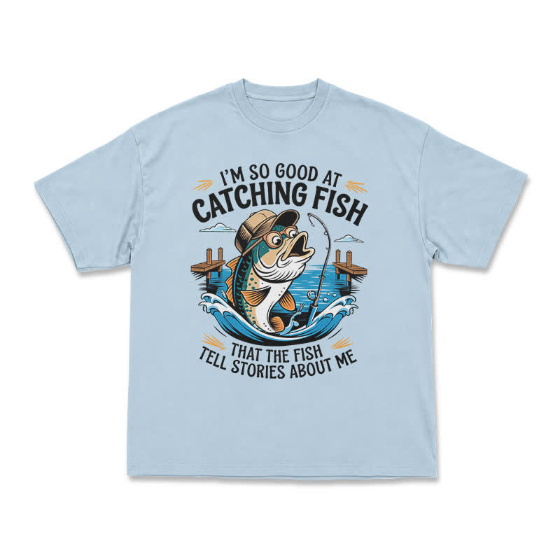 Playful Catching Fish Quote Illustrated Casual T-Shirt - Light Blue - US16-18(2XL) - image 9