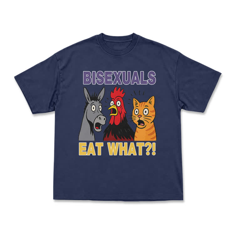 Bisexuals Eat What?! Cartoon Animal Graphic T-Shirt - Navy Blue - US16-18(2XL) - image 3