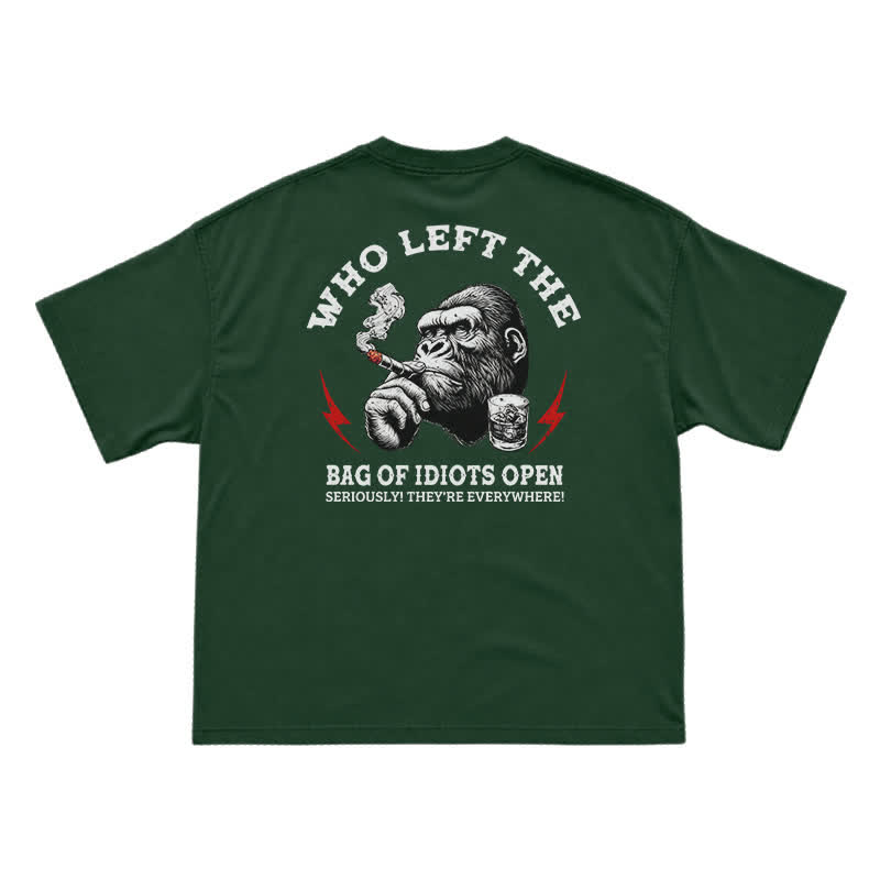 Who Left The Idiots Open Funny Gorilla Graphic T-Shirt for Men | Dark Humor Sarcastic Tee - Green - US16-18(2XL) - image 3