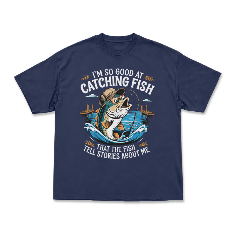 Playful Catching Fish Quote Illustrated Casual T-Shirt - Navy Blue - US16-18(2XL) - image 15