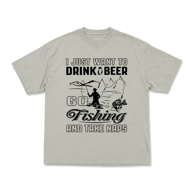 Casual Fishing Graphic T-Shirt with Beer and Naps Slogan - Warm Grey - US16-18(2XL) - image 4