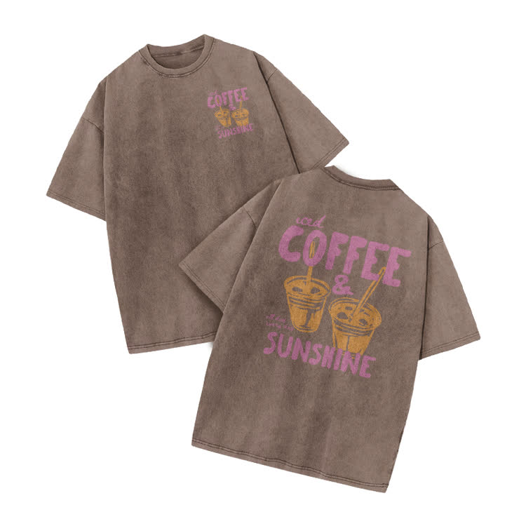 Vintage Coffee Sunshine Print Acid Washed T-Shirt - Coffee - US20-22(3XL) - image 5