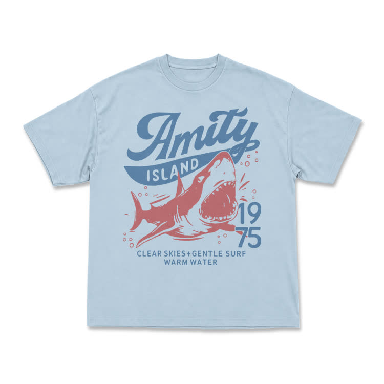 Vintage Amity Island 1975 Shark Graphic T-Shirt - Light Blue - US16-18(2XL) - image 10