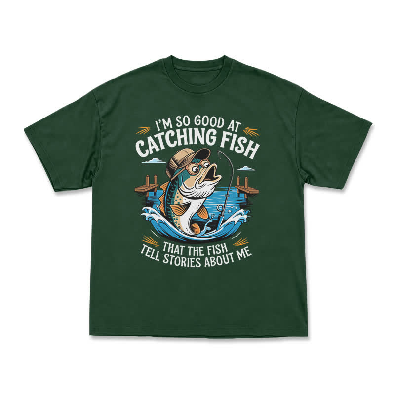Playful Catching Fish Quote Illustrated Casual T-Shirt - Green - US16-18(2XL) - image 14