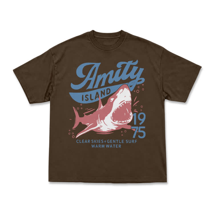 Vintage Amity Island 1975 Shark Graphic T-Shirt - Coffee - US16-18(2XL) - image 8
