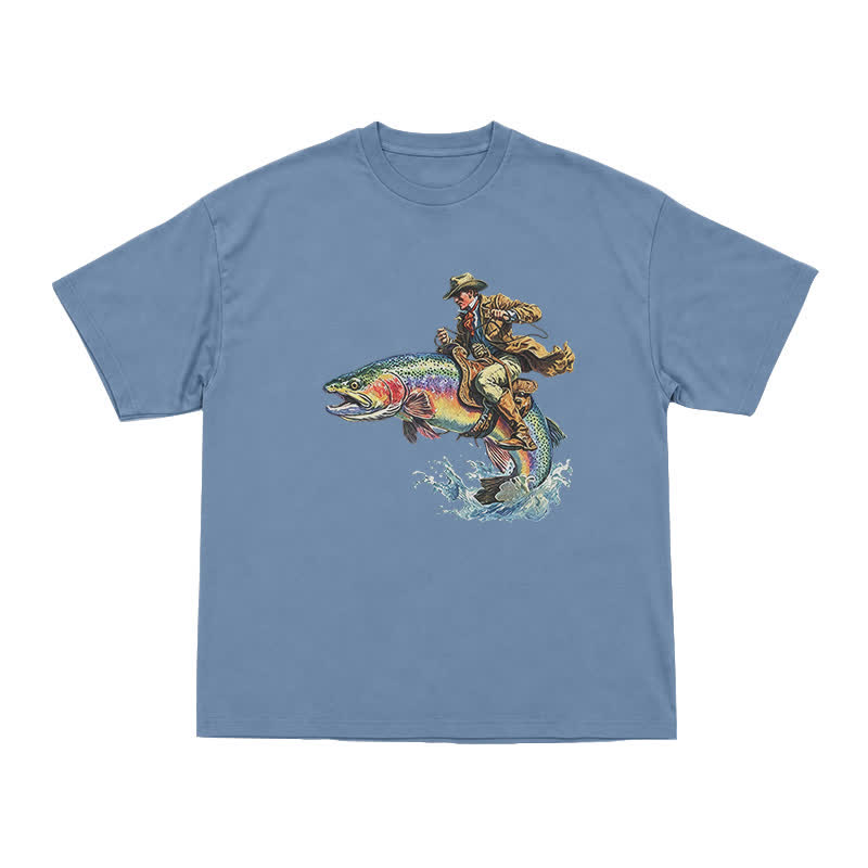 Western Fish Rider Statement Print T-Shirt - Dusty Blue - US16-18(2XL) - image 4