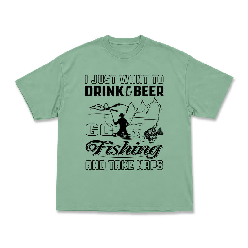 Casual Fishing Graphic T-Shirt with Beer and Naps Slogan - Light Green - US16-18(2XL) - image 11