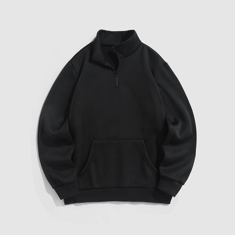 100% Cotton Solid Color Stand Collar Zipper Casual Fleece Sweatshirt - Black - 2XL - image 11