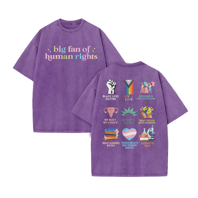 Big Fan Of Human Rights Print Acid Washed T-shirt - Purple - US20-22(3XL) - image 6