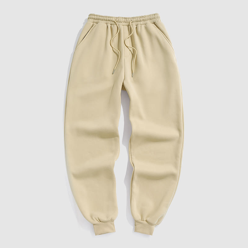 100% Cotton Solid Color Leggings Casual Fleece Sweatpants - Khaki - 2XL - image 9