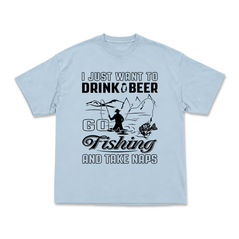 Casual Fishing Graphic T-Shirt with Beer and Naps Slogan - Light Blue - US16-18(2XL) - image 8