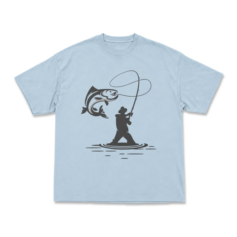 Minimal Fisherman Cast Graphic Oversized Short Sleeve T-Shirt - Light Blue - US16-18(2XL) - image 4