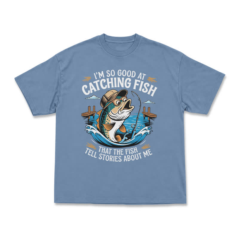 Playful Catching Fish Quote Illustrated Casual T-Shirt - Dusty Blue - US16-18(2XL) - image 6
