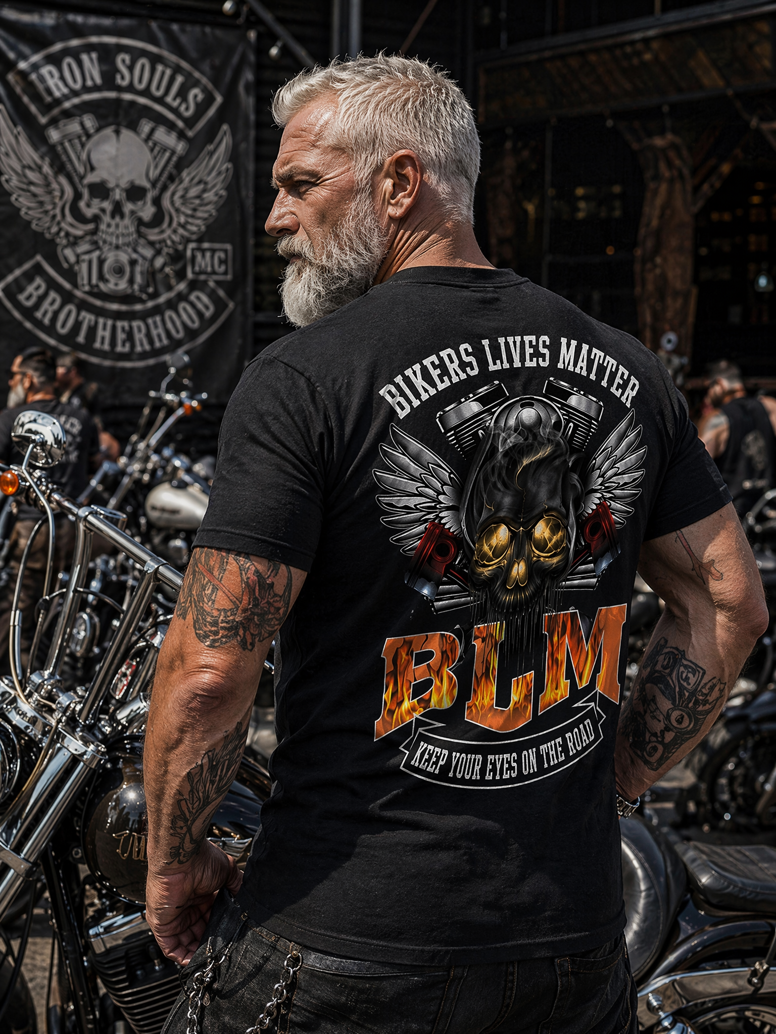 BLM Flame Engine Skull Oversized Motorcycle Streetwear T-Shirt