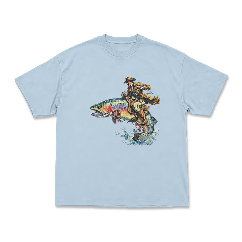 Western Fish Rider Statement Print T-Shirt - Light Blue - US16-18(2XL) - image 9