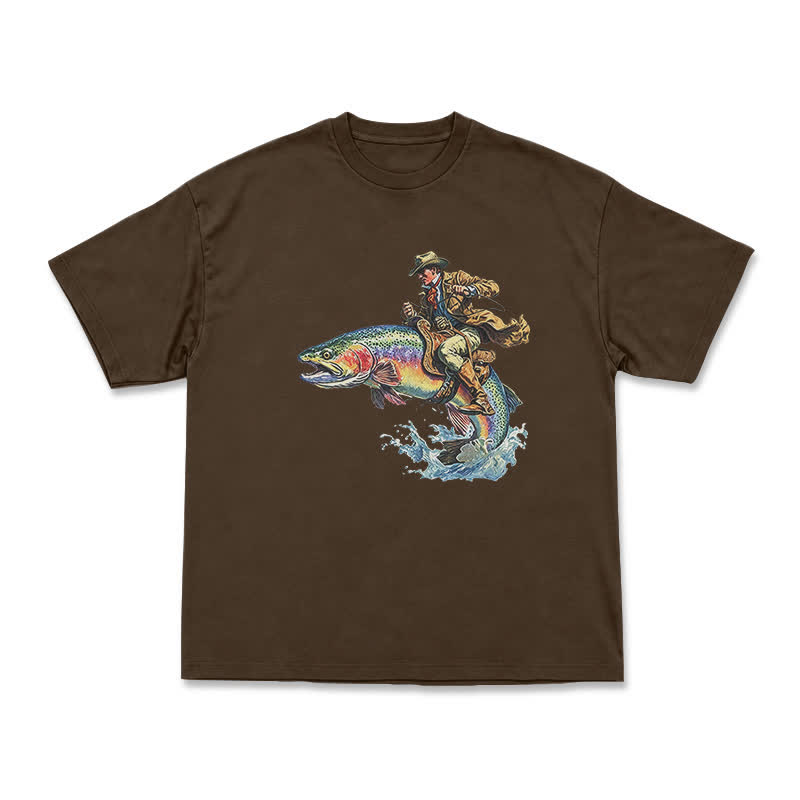 Western Fish Rider Statement Print T-Shirt - Coffee - US16-18(2XL) - image 13