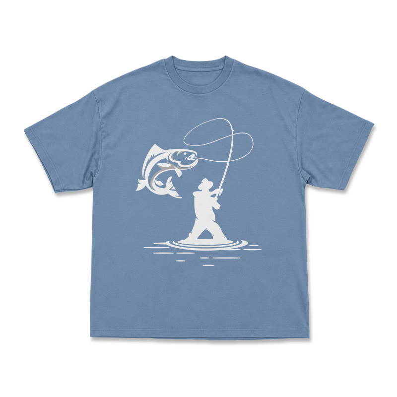 Minimal Fisherman Cast Graphic Oversized Short Sleeve T-Shirt - Dusty Blue - US16-18(2XL) - image 7