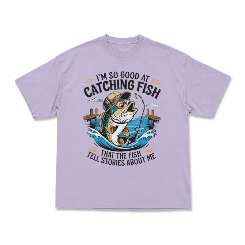 Playful Catching Fish Quote Illustrated Casual T-Shirt - Purple - US16-18(2XL) - image 8