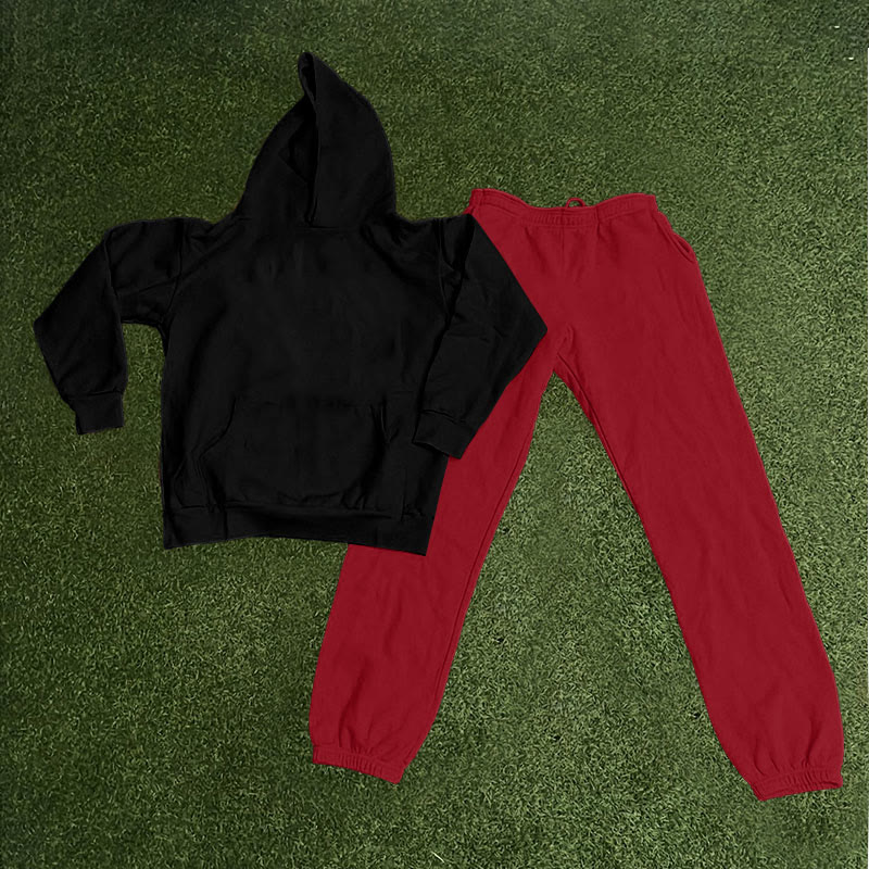 100% Cotton Solid Color Casual Hoodie And Sweatpants Two-piece Set - black and red - 2XL - image 3