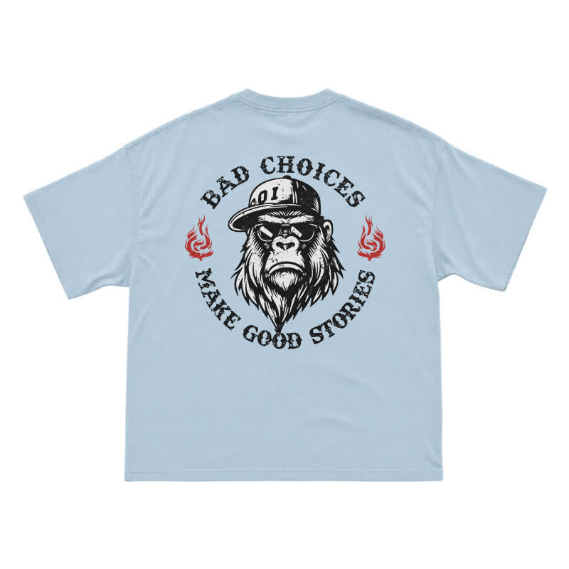 "Bad Choices Make Good Stories" Gorilla Sunglasses Tee - Cool Streetwear Black T-Shirt - Light Blue - US16-18(2XL) - image 8