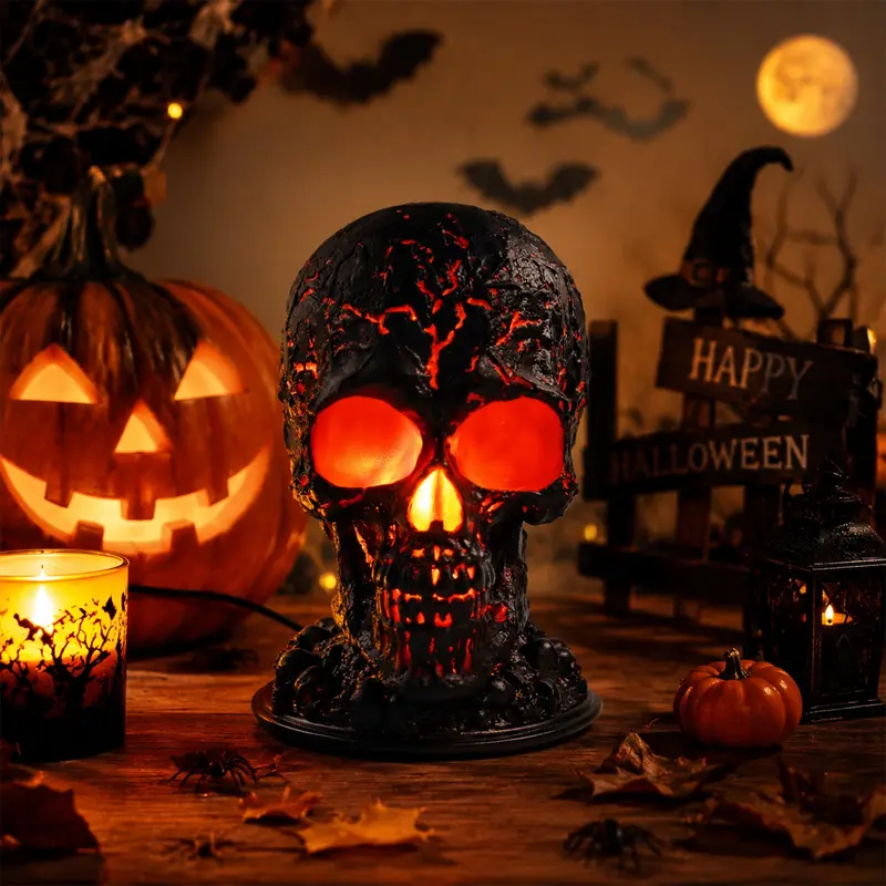 Skull Flame Table Lamp, Molten Rock Skull Light, Haunting LED Desk Lamp, Halloween Gothic Decor, Unique Room Accent, Mystical Atmosphere, Luminous Flame Effect, Led Decoration Lamp, Decorative Atmosphere Light