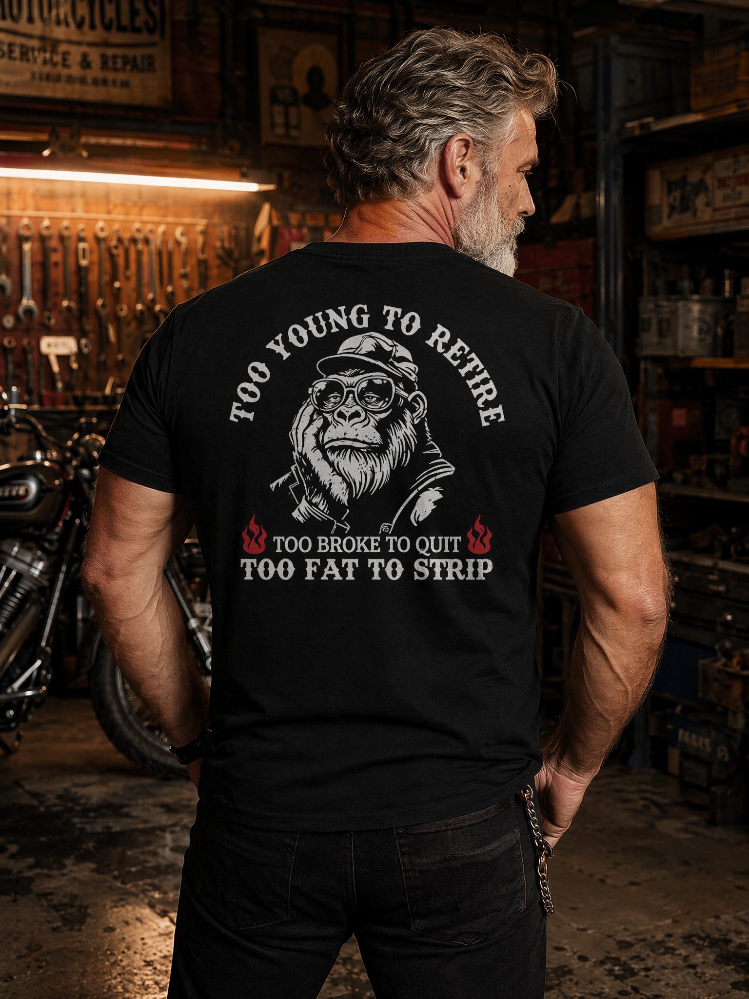 Too Young To Retire T-Shirt for Men – Funny Gorilla Graphic Tee, Sarcastic Dad Humor Shirt