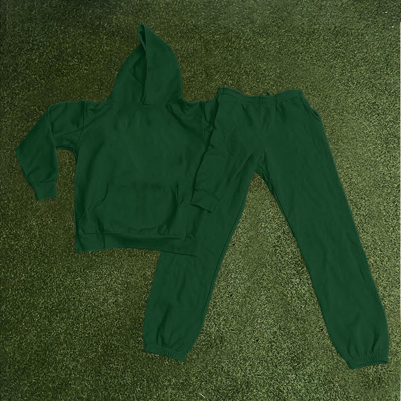 100% Cotton Solid Color Casual Hoodie And Sweatpants Two-piece Set - Green - 2XL - image 8