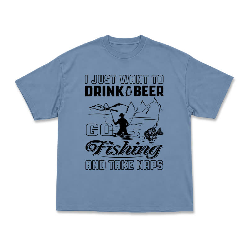Casual Fishing Graphic T-Shirt with Beer and Naps Slogan - Dusty Blue - US16-18(2XL) - image 14