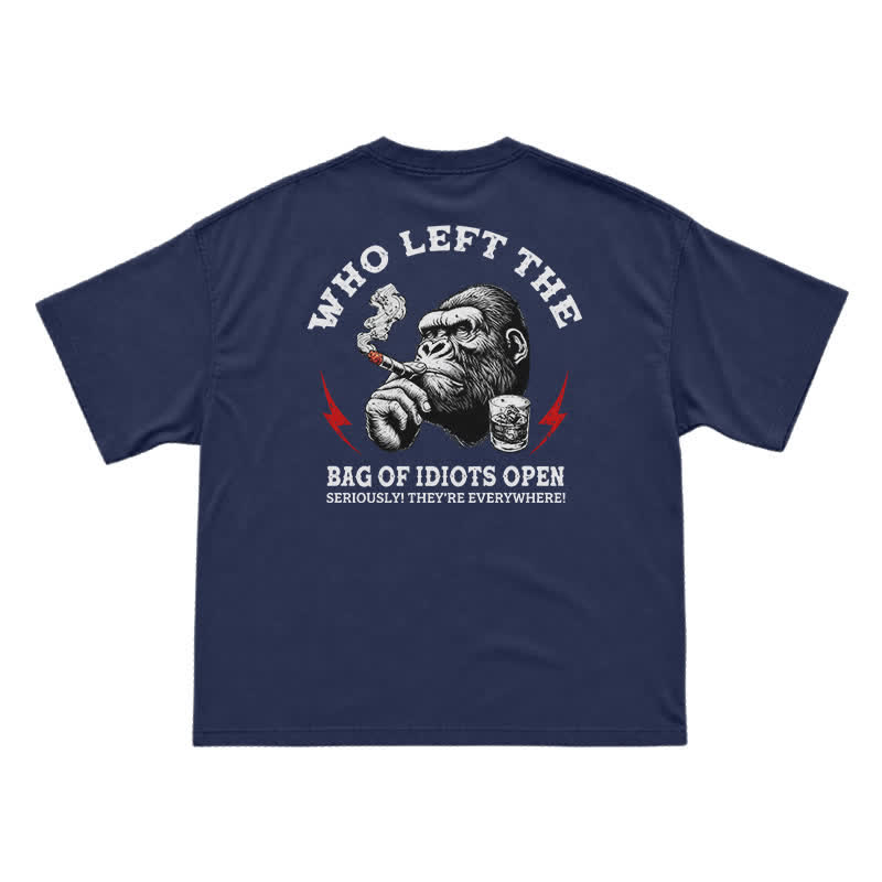 Who Left The Idiots Open Funny Gorilla Graphic T-Shirt for Men | Dark Humor Sarcastic Tee - Navy Blue - US16-18(2XL) - image 6