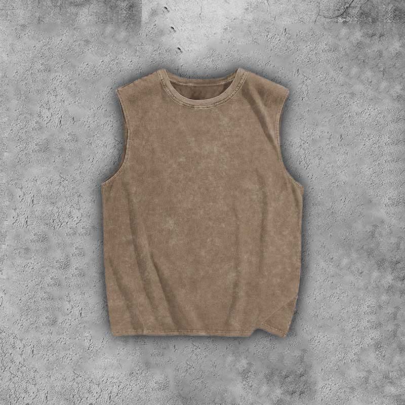 100% Cotton Solid Color Acid Washed Vest - Coffee - 3XL - image 3