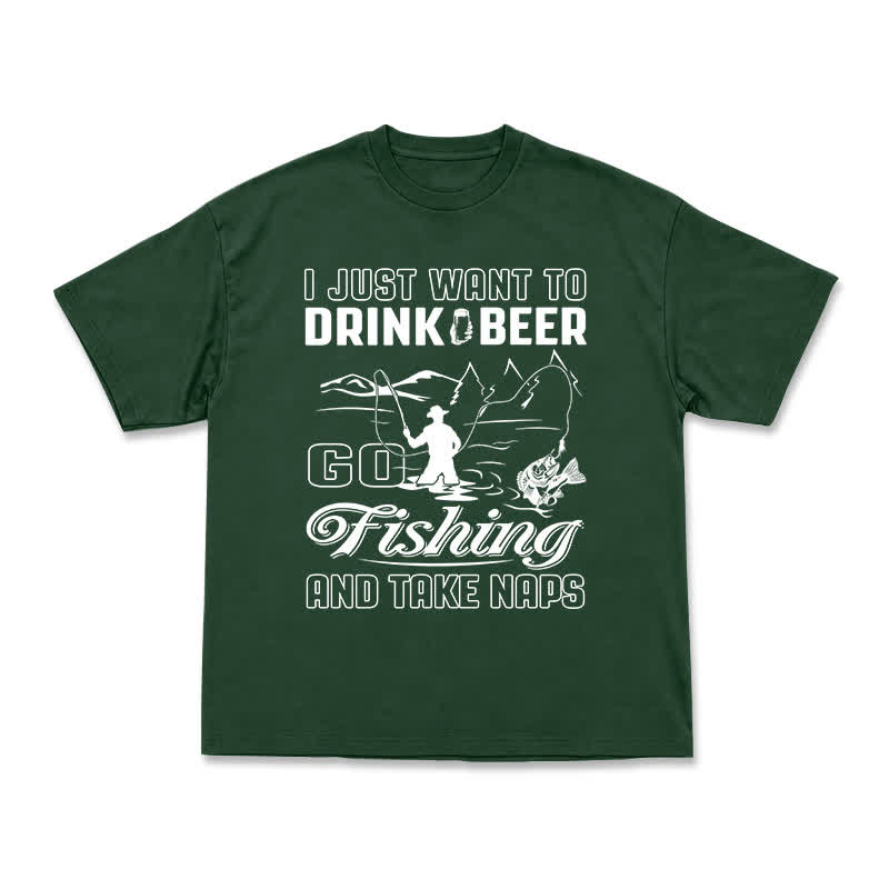 Casual Fishing Graphic T-Shirt with Beer and Naps Slogan - Green - US16-18(2XL) - image 6