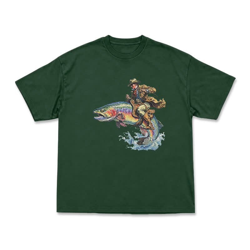 Western Fish Rider Statement Print T-Shirt - Green - US16-18(2XL) - image 5