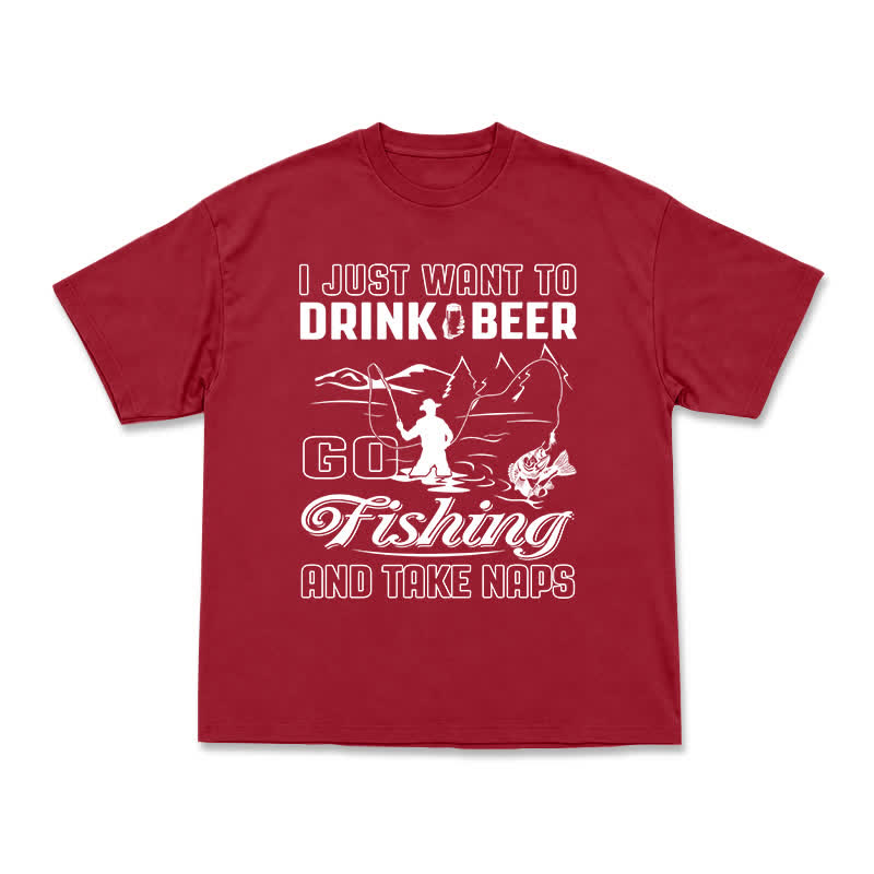 Casual Fishing Graphic T-Shirt with Beer and Naps Slogan - Red - US16-18(2XL) - image 12