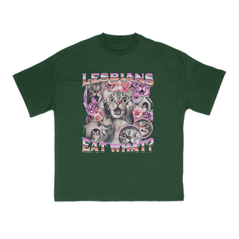 Terrified Cats Lesbians Eat What Print T-shirt - Green - US16-18(2XL) - image 6