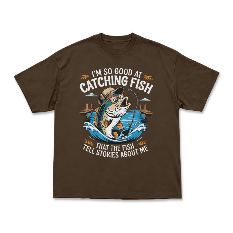 Playful Catching Fish Quote Illustrated Casual T-Shirt - Coffee - US16-18(2XL) - image 12