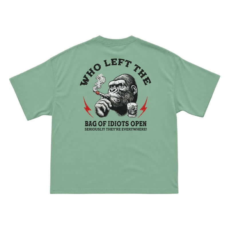 Who Left The Idiots Open Funny Gorilla Graphic T-Shirt for Men | Dark Humor Sarcastic Tee - Light Green - US16-18(2XL) - image 7