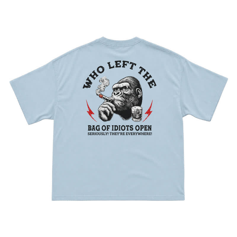 Who Left The Idiots Open Funny Gorilla Graphic T-Shirt for Men | Dark Humor Sarcastic Tee - Light Blue - US16-18(2XL) - image 8