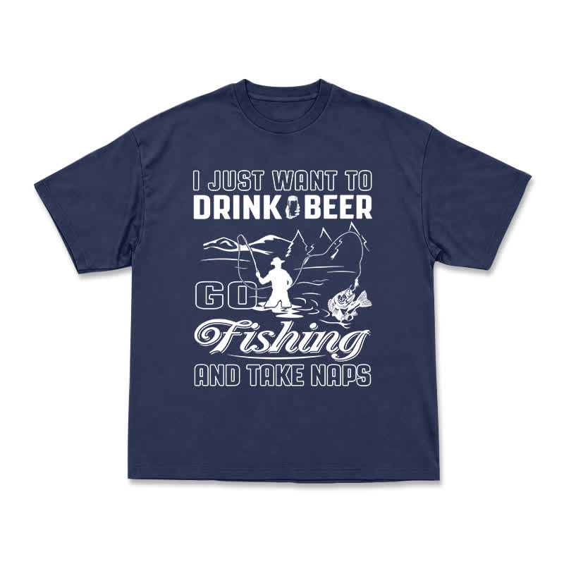 Casual Fishing Graphic T-Shirt with Beer and Naps Slogan - Navy Blue - US16-18(2XL) - image 9