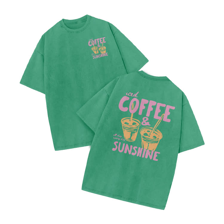 Vintage Coffee Sunshine Print Acid Washed T-Shirt - Green - US20-22(3XL) - image 6