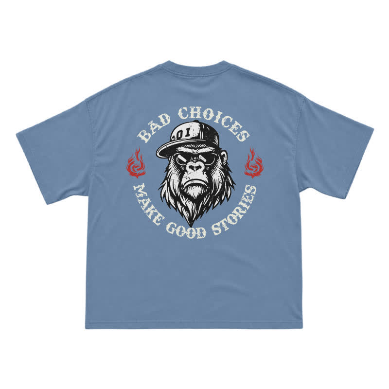 "Bad Choices Make Good Stories" Gorilla Sunglasses Tee - Cool Streetwear Black T-Shirt - Dusty Blue - US16-18(2XL) - image 15