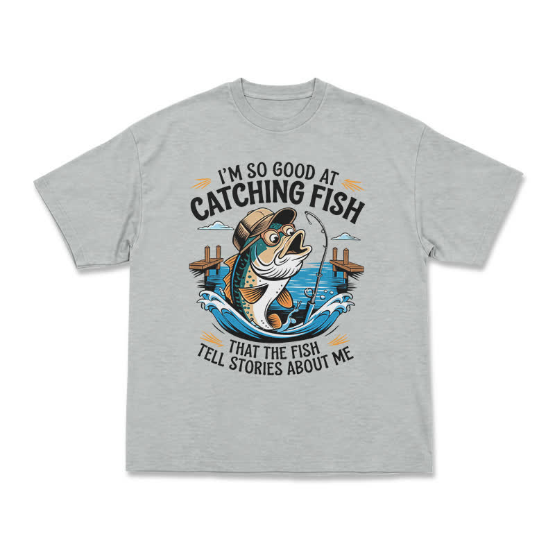 Playful Catching Fish Quote Illustrated Casual T-Shirt - Grey - US16-18(2XL) - image 10