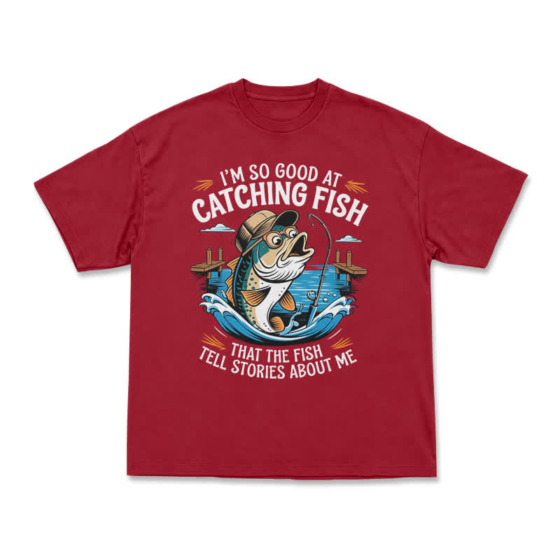 Playful Catching Fish Quote Illustrated Casual T-Shirt - Red - US16-18(2XL) - image 11