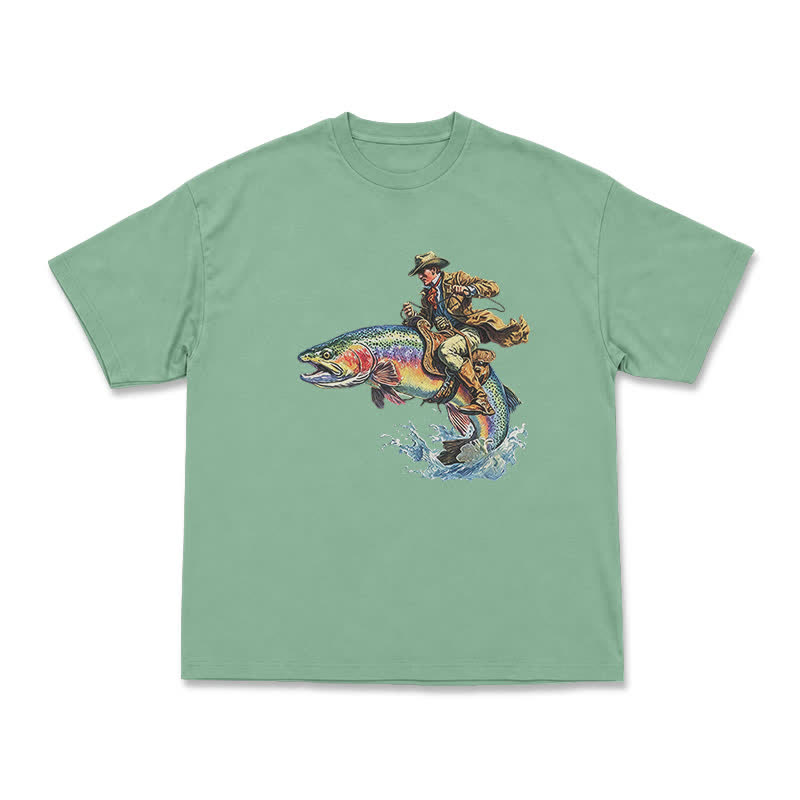 Western Fish Rider Statement Print T-Shirt - Light Green - US16-18(2XL) - image 7