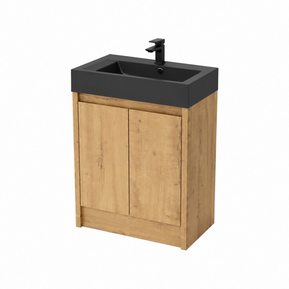 Waschtisch mit Unterschrank aus Holz und Keramikbecken, Eiche/Schwarz