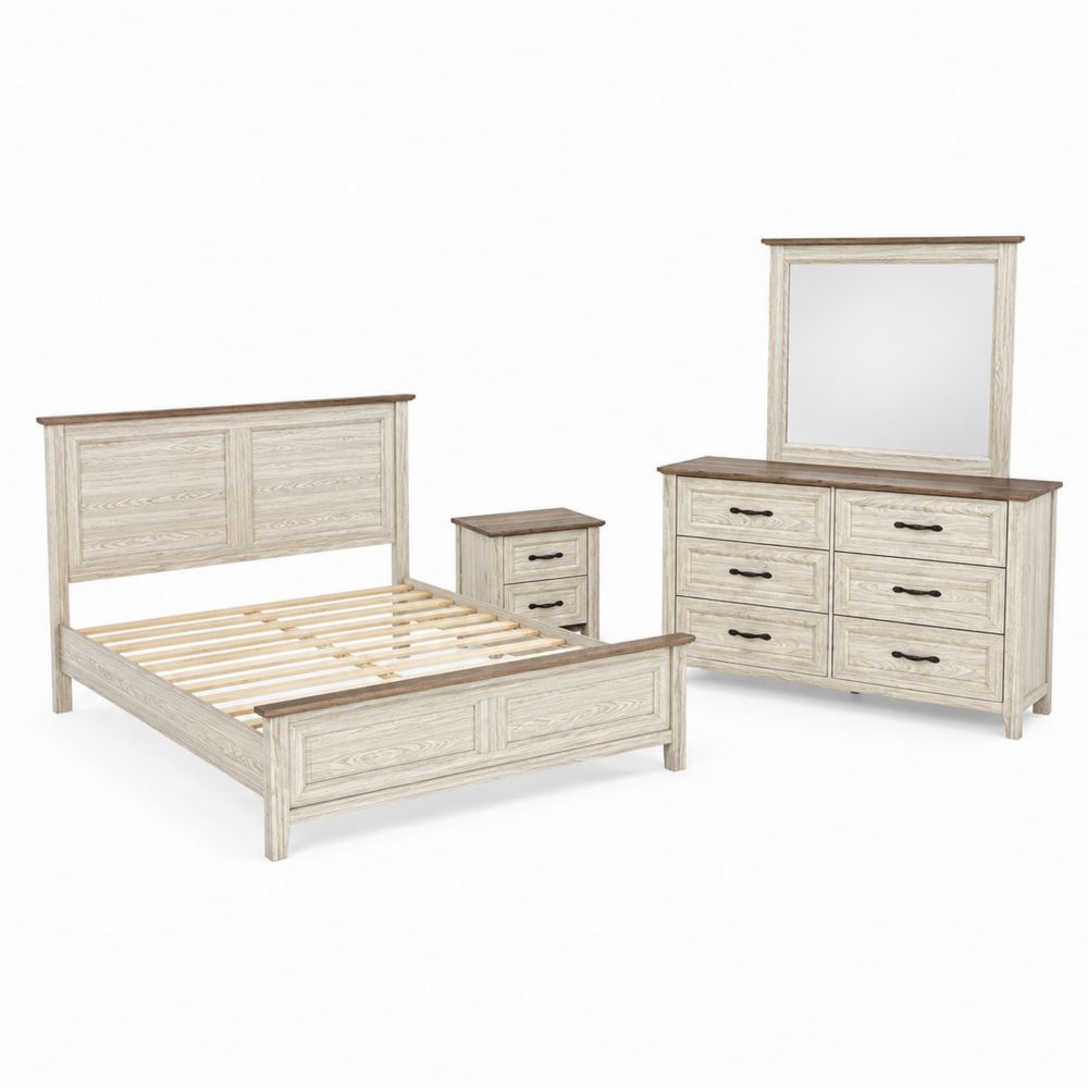 Eichenholz Schlafzimmer-Set mit Bett, Nachttisch und Kommode mit Spiegel